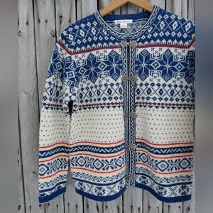 Susan Bristol colorful snowflake wool knit cardigan sweater Womens S